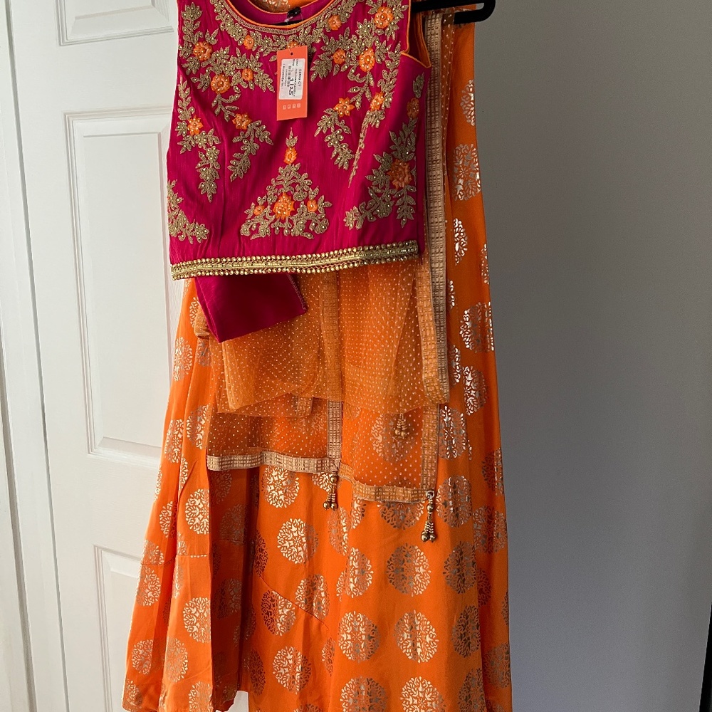Festive Orange/ Pink Lehenga  with Gold (3 pieces)